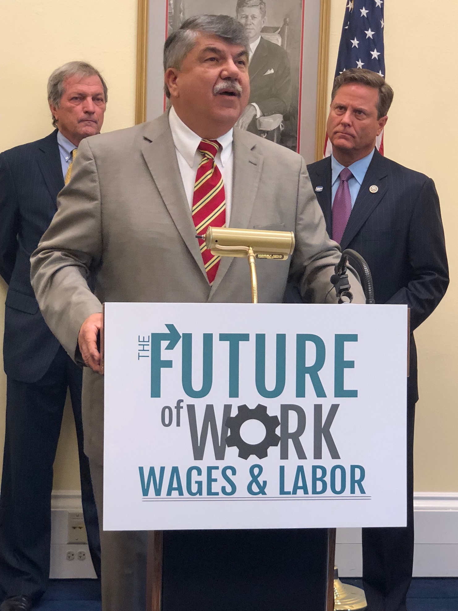 President Trumka addresses a press conference on the future of work. 